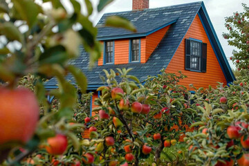 Burnt orange Cape Cod style vacation home with a blue slate roof, situated in an apple orchard with...