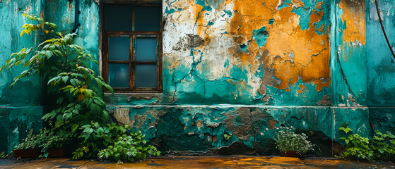 Aged Turquoise Wall with Peeling Paint and Plants