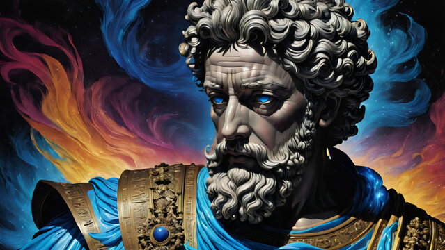 Marcus aurelius statue of stoicism roman emperor with flowing colorful chakra energy backdrop
