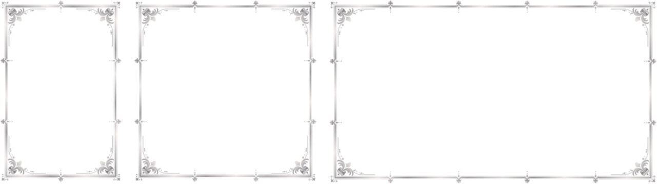 Set of Decorative Vintage Silver Frames and Borders, 2x3, 1x1, 16x9 sizes