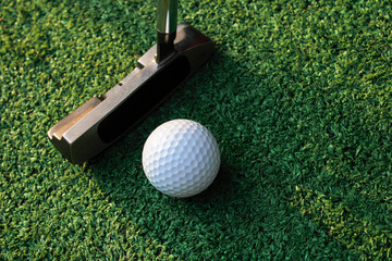 Golf balls and paddles lie on the green artificial grass.