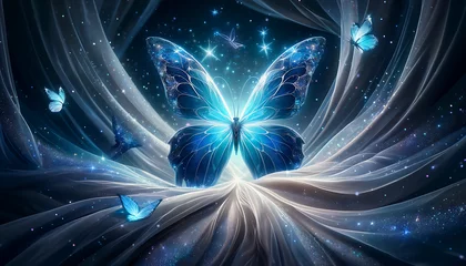 Fotobehang A radiant butterfly with wings that mirror the night sky alights amidst an ethereal cascade of light, surrounded by smaller luminous kin, embodying the universe’s vast and sparkling wonder. © MC-CHUAN