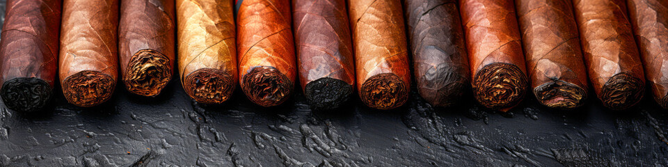 Luxury Cigars Arranged in a Row on Dark Textured Background