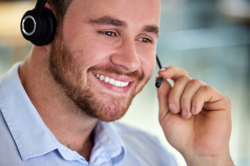 Smile, call center and man on mic for listening, support or customer service for business. Face,...