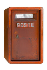 Italian vintage red rusty mailbox with the word Poste for sending letter. Isolated