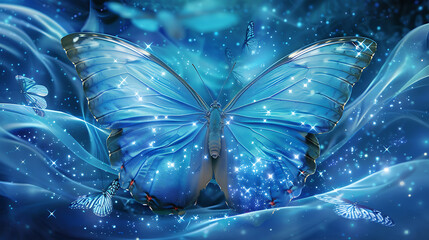 A radiant butterfly with wings that mirror the night sky alights amidst an ethereal cascade of light, surrounded by smaller luminous kin, embodying the universe’s vast and sparkling wonder. - obrazy, fototapety, plakaty
