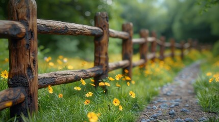 Rustic Wooden Fence in Countryside Landscape Generative AI - obrazy, fototapety, plakaty