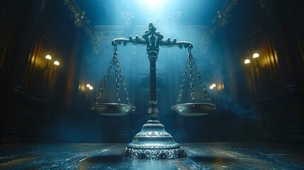 Scales of Justice in Dimly Lit Court Hall Generative AI