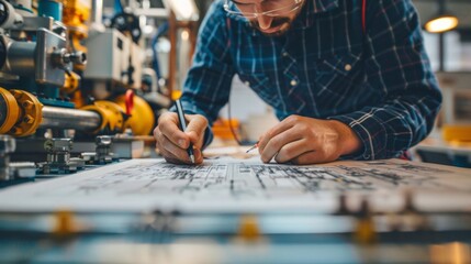 Pump and valve manufacturer drawing engineering plans for a pumping station in an office