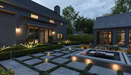 Cape Cod style vacation home in slate gray, with a modern geometric garden and sleek outdoor lighting fixtures.