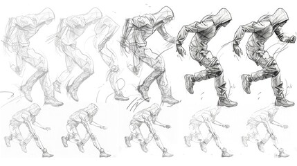 Fototapeta na wymiar Character Design Sheet: Human Anatomy in Action, Pencil Sketch