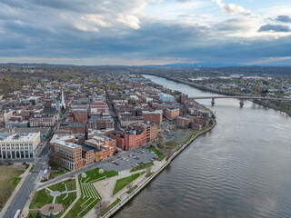 Late afternoon spring aerial view of downtown Troy, NY located on the Hudson River.