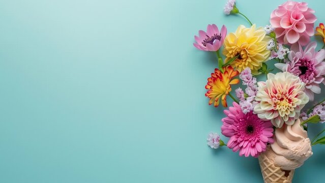 Blue background bouquet Copy space. Stop motion animation, 4k video Happy mother's day, women's day, valentine's day or birthday, Valentine or love concept video, Ai