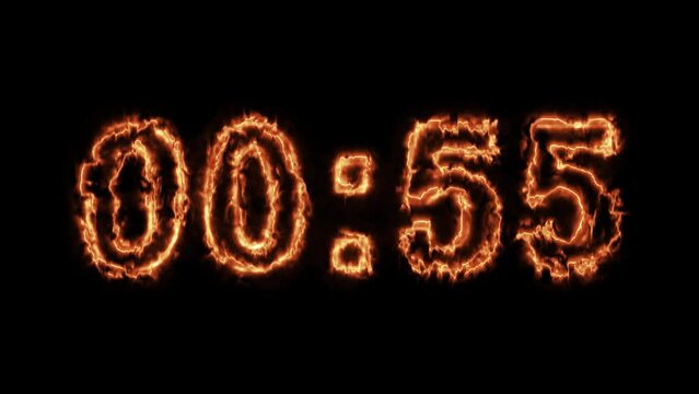 Countdown 60 seconds with fire effect on plain black background