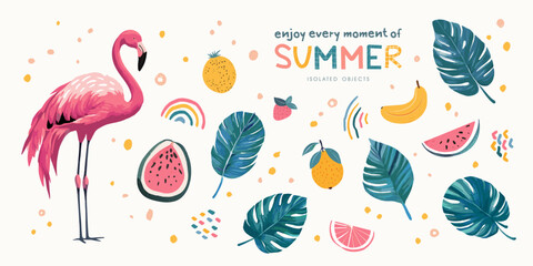 Set of summer design elements. Hand-drawn cute illustrations: pink flamingo, tropical leaves and fruits. Collection of vector objects drawn in gouache