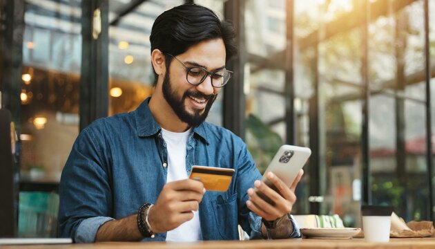 Bearded handsome man makes purchase online. A hipster wearing casual shirt holds a mobile phone and a credit card orders food. Smiling guy is using smartphone and debit bank card for paying in e-shop - Powered by Adobe