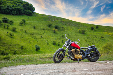 Amazing view of Turda Gorge (Cheile Turzii) natural reserve with motorcycle on parking.