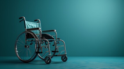 A single wheelchair on a solid turquoise background, showcasing its sturdy frame and comfortable seating