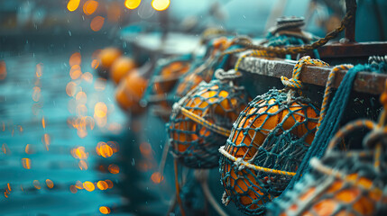 Macro photography, close-up shot, prime lenses, lobster pots on fishing boat. Modern. Nature, sustainable design, isolated, bokeh, bright