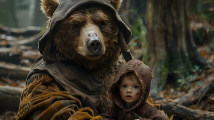 A bear dressed as a wizard with a small human friend. Concept Animal in Costume, Friendship, Fantasy, Imagination, Cute Characters - obrazy, fototapety, plakaty