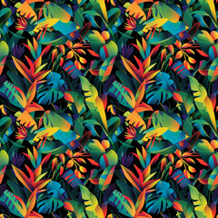 Fototapeta na wymiar Vivid tropical pattern with dynamic shapes and colors