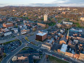 Late afternoon spring aerial view of downtown Troy, NY located on the Hudson River.