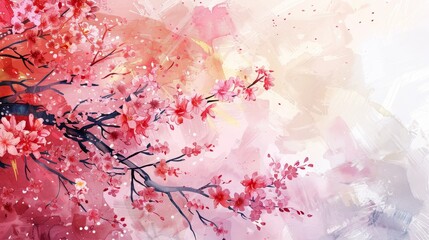 Sakura branch in watercolor style on an light abstract background illustration.
