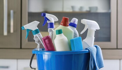 Cleaning Products in a Blue Bucket