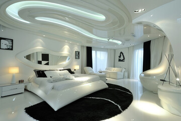 Contemporary white master bedroom with avant-garde furniture, a sleek black and white rug, and a bold ceiling design.