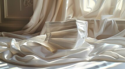A surgical mask arranged neatly on a sterile white table, its pleated design catching the light in sharp relief - obrazy, fototapety, plakaty