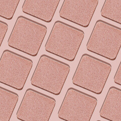 Minimal pattern eye shadow glitter pink swatches with shadow, monochrome photo as background, refill compact eyeshadow, shiny colored powder fo makeup, square shape metal pack, cosmetic texture