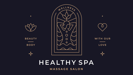 Healthy Spa Massage Salon Label. Minimalist line art logo template. Simple modern design line graphic spa beauty massage salon badge. Symbol line icon spa salon sign. Vector Illustration - 793035334