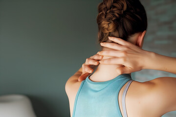 Pain in the neck muscle of Caucasian woman. Nape pain and nuchal stiffness concept.