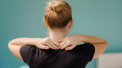 Pain in the neck muscle of Caucasian woman. Nape pain and nuchal stiffness concept. - obrazy, fototapety, plakaty