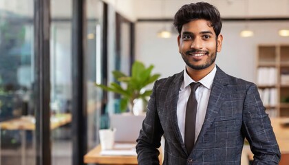Fototapeta premium Confident Indian businessman smiling at camera in office copy space
