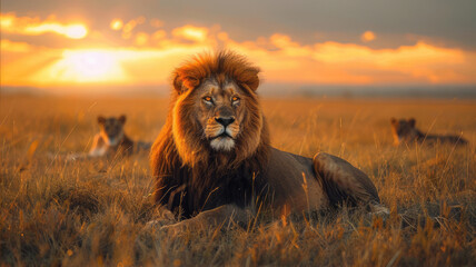 Masai lion and cub rest in grass at sunset, Felidae, carnivores with golden fur - obrazy, fototapety, plakaty
