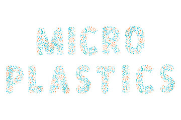 Microplastics. Vector phrase of small pieces of plastic isolated on white background. The concept of eco friendliness, zero waste. Microplastics in water from mismanaged plastic waste.