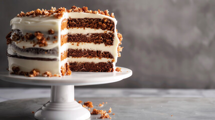 Indulge in the irresistible charm of our Carrot Cake, presented against a sophisticated grey background with high key lighting, accentuating its delectable features. This classic dessert boasts - obrazy, fototapety, plakaty