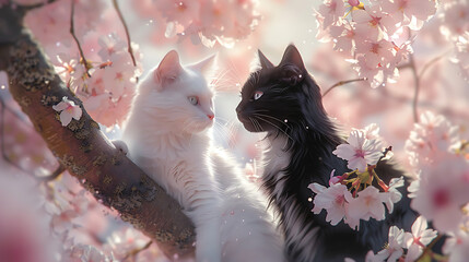 Two contrasting cats, one snow-white and the other ebony-black, share a tender gaze amidst the soft blush of blooming cherry blossoms, an ephemeral backdrop that whispers of spring's gentle caress. - obrazy, fototapety, plakaty