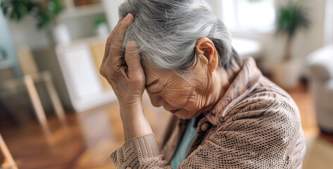 Dizziness or headache of Asian senior woman.