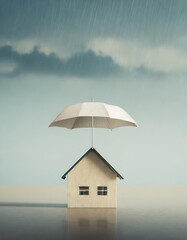 Concept of home insurance. House covered with umbrella to protect it from rain and storm 