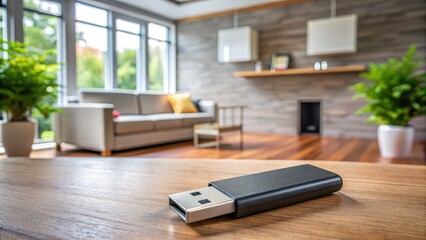 Usb flash drive on wooden table in modern living room interior.