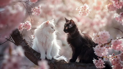 Two contrasting cats, one snow-white and the other ebony-black, share a tender gaze amidst the soft blush of blooming cherry blossoms, an ephemeral backdrop that whispers of spring's gentle caress. - obrazy, fototapety, plakaty