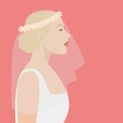 Bride, portrait in a white dress and veil on a coral background. Beautiful young woman in profile, side view on pink. Illustration, for postcards, invitations, wedding printing.