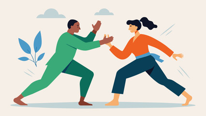 Fototapeta na wymiar A person practicing defensive moves with a partner with the words Martial Arts for Relearning Important Motor Skills in Rehabilitation.