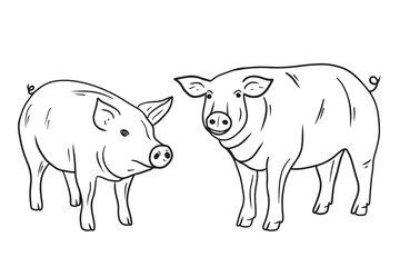 Set of two pigs standing in black isolated on white background. Hand drawn vector sketch doodle illustration in engraved vintage line art style. Concept of domestic farm animals, pork, meat, food.