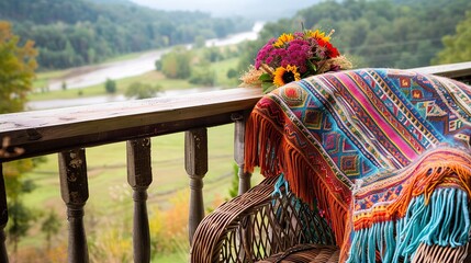 A view of a field from a porch with a wicker chair and a basket of flowers.