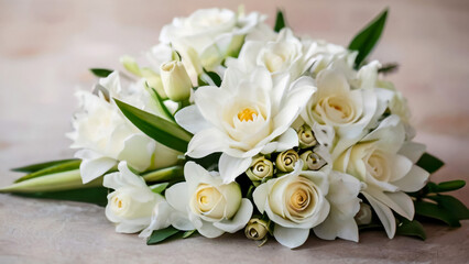 White rose flower bouquet in bundle shape for bridal in wedding ceremony
