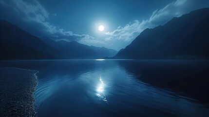 A full moon rises over a dark mountain lake, casting a shimmering reflection on the water.