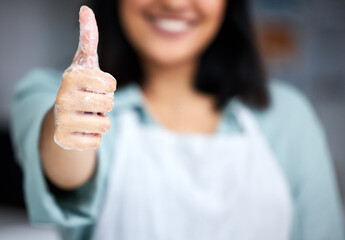 Woman, hand or thumbs up for cleaning good job or maintenance for protection, bacteria or safety....